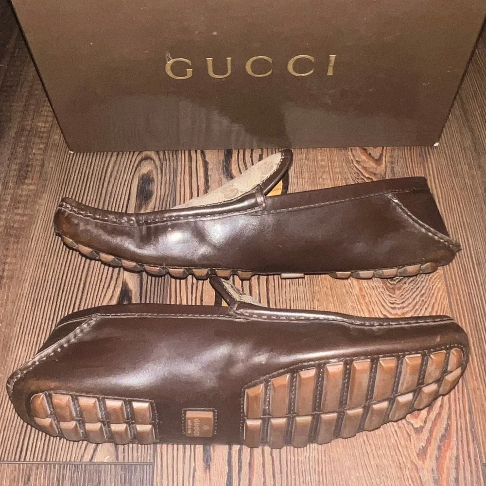 Gucci Mens Florence GG Monogram Driver Loafers Cocoa Brown Leather 153991 Size 9